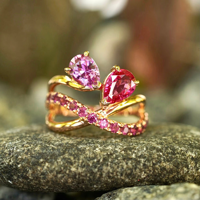 Pear shaped Ruby & Pink Sapphire ring, set on 18k rose gold